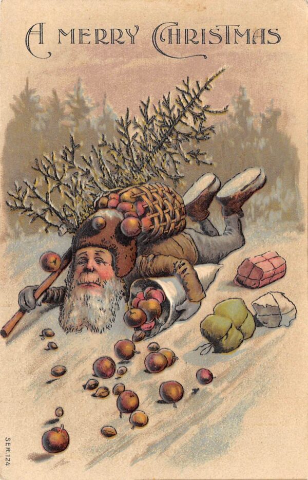 A Merry Christmas, Fallen Elf With Tree & Dropped Apples, Vintage PC U20017