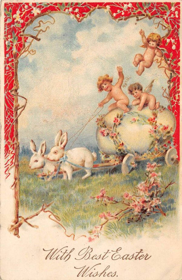 With Best Easter Wishes, Angels W/ Egg Carriage Pulled By Bunnies, PC U20021