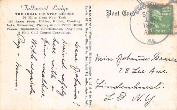 Barryville New York Frank Hainzl's Tallwood Lodge, Vintage Postcard U20030 - Image 2