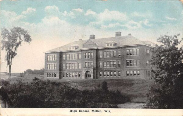 Mellen Wisconsin High School, Sky Tinted, Vintage Postcard U20034