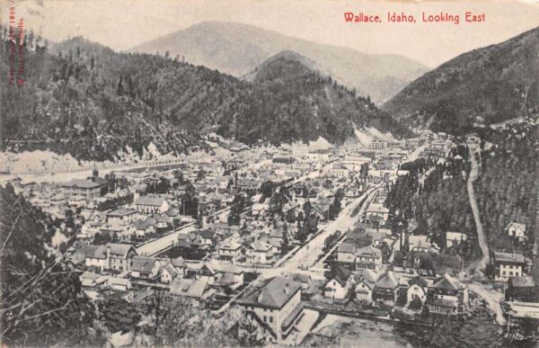 Wallace Idaho Bird's Eye View, Looking East, B/W Lithograph, Vintage PC U20035