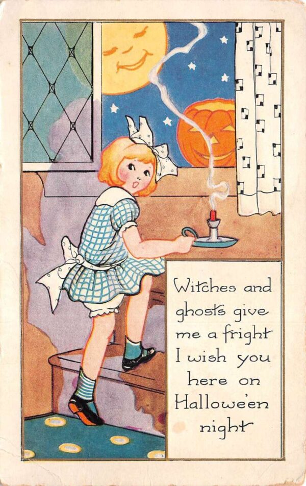 Halloween Greetings Girl with Candle Pumpkin Moon Face Whitney PC AA86157
