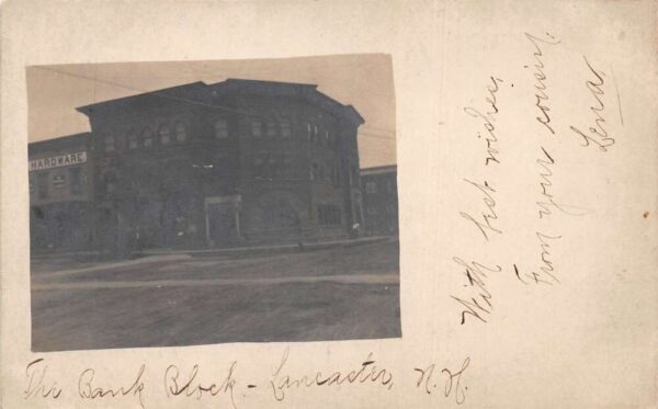 Lancaster New Hampshire Bank Block Hardware Store Real Photo Postcard AA103837