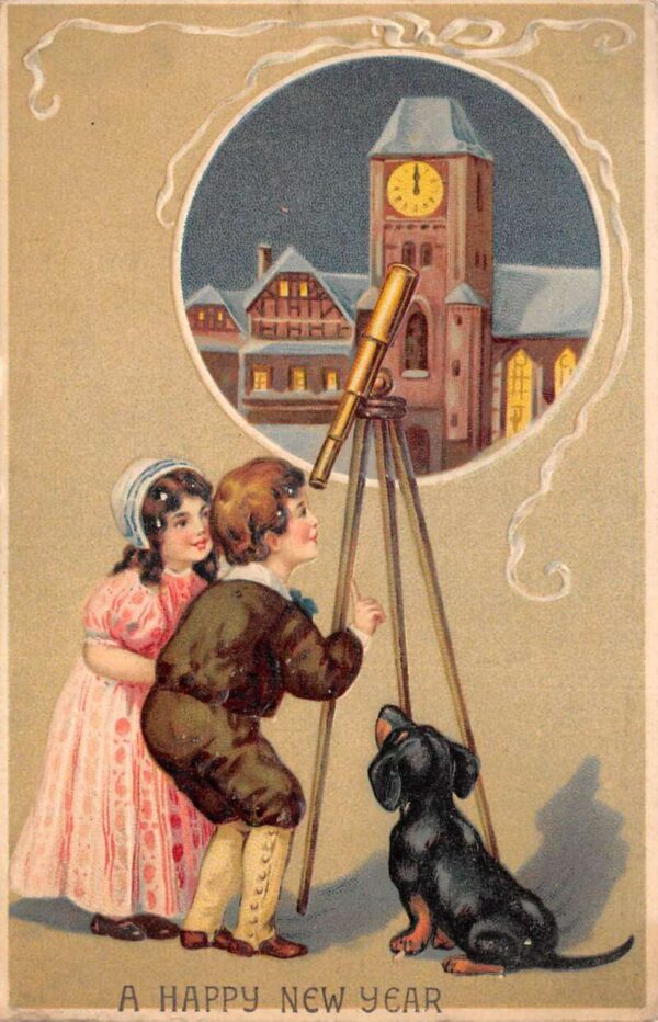 New Year Greetings Children with Telescope Dachshund Dog Postcard AA103853