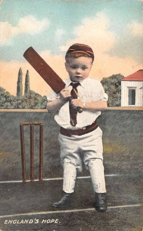 Cricket Greetings "England's Hope" Boy with Cricket Bat Sports Postcard AA103878