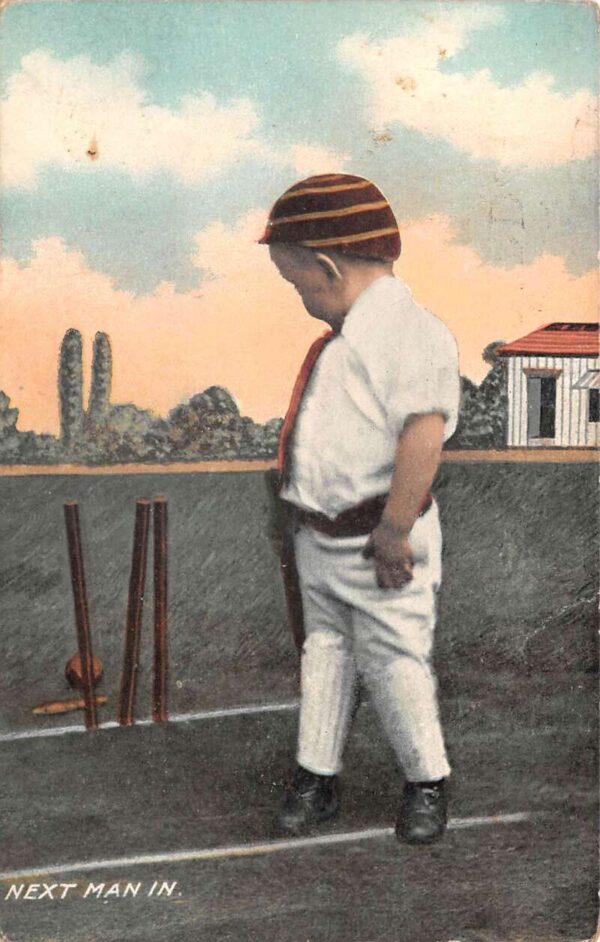 Cricket Greetings "Next Man In" Boy playing Cricket Sports Postcard AA103879