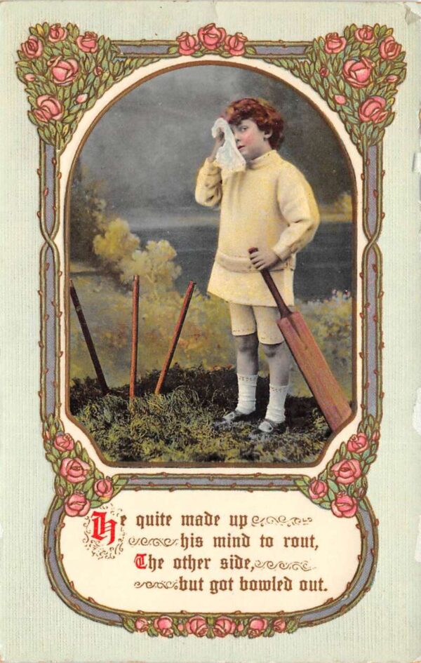 Cricket Greetings Boy with Bat and Wicket Vintage Postcard AA103883