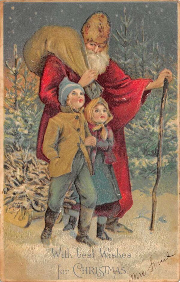 Christmas Greetings Santa Claus with Children Embossed Vintage Postcard AA103884