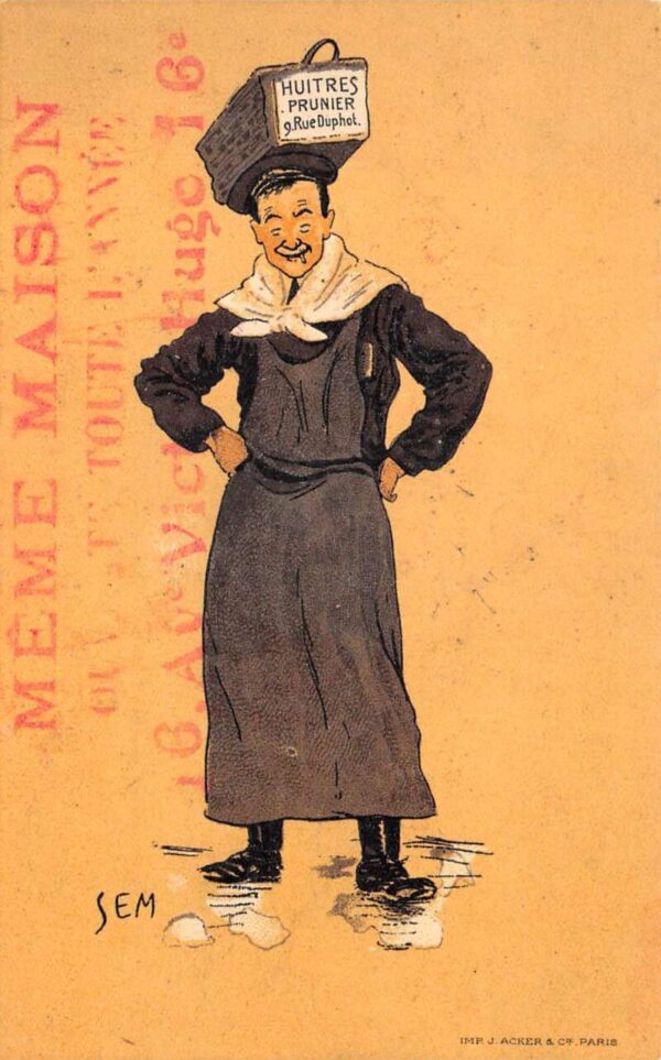 France Huitres Prunier Oyster Seller with Basket on Head Ad Postcard AA103889