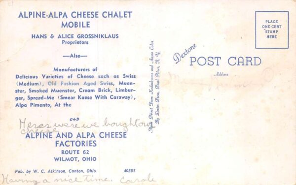 Wilmot Ohio Alpine and Alpa Mobile Cheese Chalet Food Truck Postcard AA84469 - Image 2