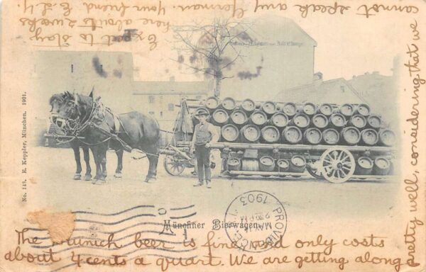 Munich Germany Munchner Bierwagon Beer Horse Wagon Vintage Postcard AA84530