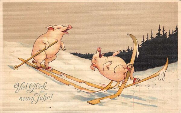 New Year Greetings Pigs Skiing Winter Scene Vintage Postcard AA84531