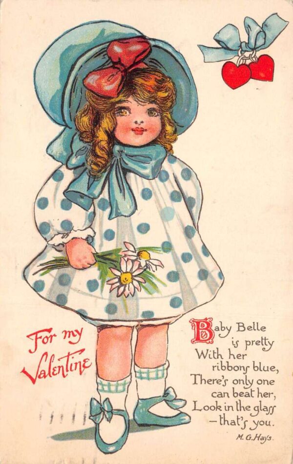 Valentine Greetings Girl in Blue with Daisies Nister Vintage Postcard AA84535