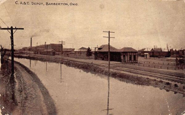 Barberton Ohio C.A. & C. Train Depot, B/W Lithograph, Vintage PC U18895