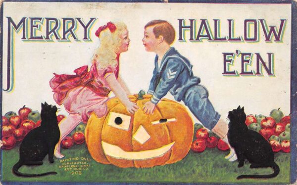 Merry Hallowe'en, Children, Black Cat, & Large Jack-O-Lantern, PC U18896