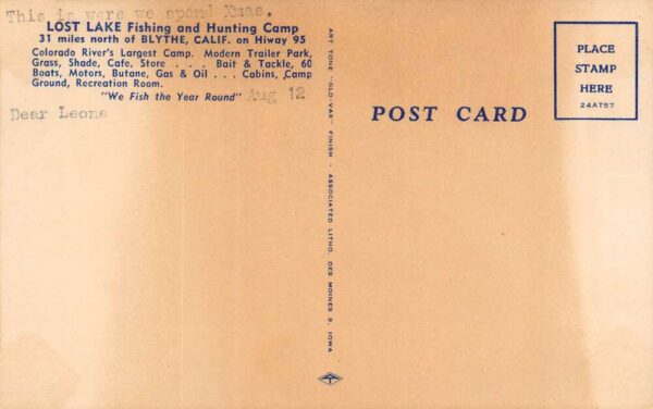 Blythe California Lost Lake Fishing & Hunting Camp, Linen, PC U18909 - Image 2