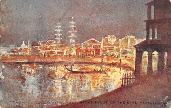 Venice California Night Scene On The Lake, Vintage Postcard U18919