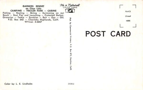 Clearlake Highlands California Garner's Resort, Chrome, Vintage Postcard U18920 - Image 2