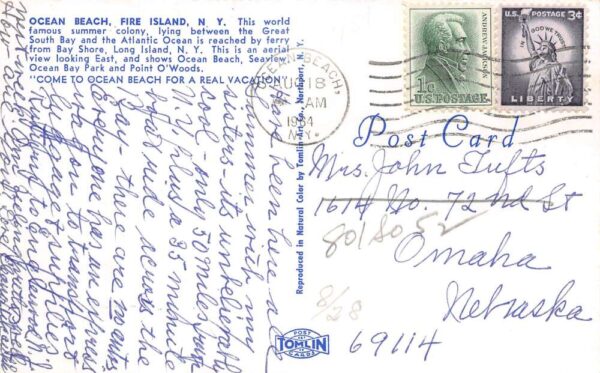 Fire Island New York Ocean Beach, Aerial View, Chrome, Vintage Postcard U18932 - Image 2