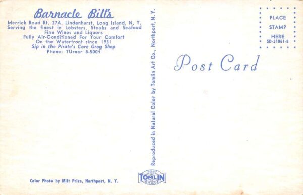 Long Island New York Barnacle Bill's Restaurant, Chrome, Vintage Postcard U18950 - Image 2