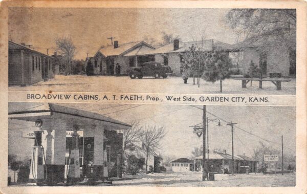 Garden City Kansas Broadview Cabins, Conoco Gas Sign, Vintage Postcard U18968