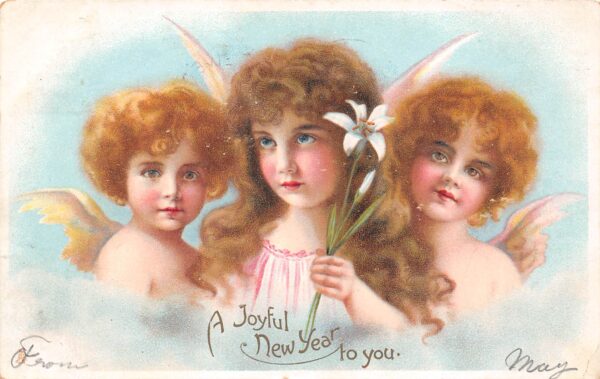 New Year, Tuck Published "Christmas" Series, Angel Faces, Vintage PC U18982