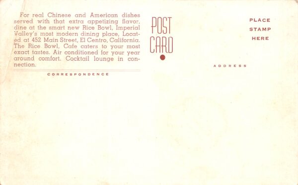 El Centro California The Rice Bowl Cafe, B/W Photo Print Vintage Postcard U18984 - Image 2