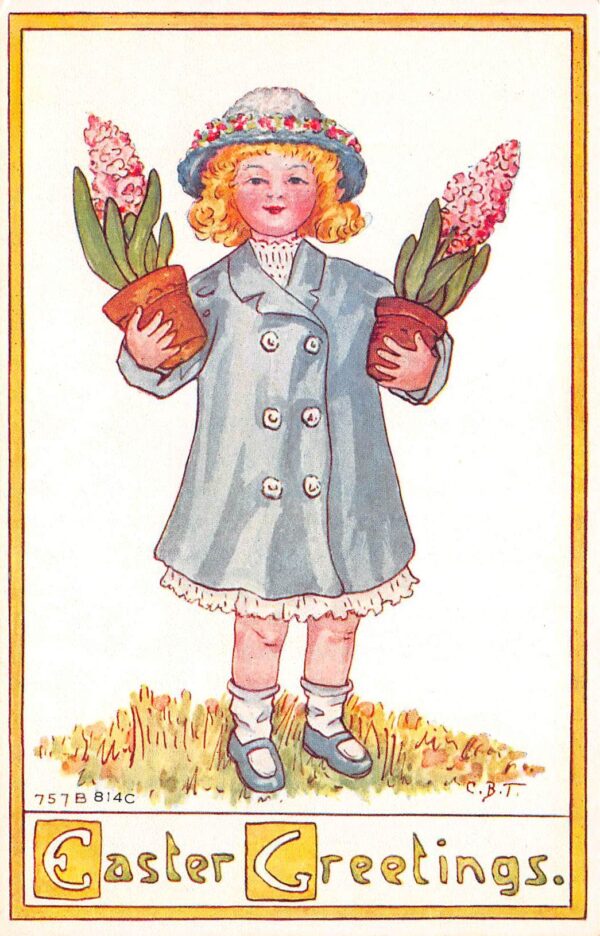 Easter Greetings, Artist Signed C.B.T., Girl With Potted Flowers, PC U19003