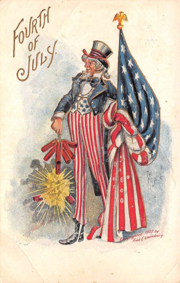 4th Of July, Uncle Sam With Flags & Fireworks, Fred C. Lounsbury, PC U19033