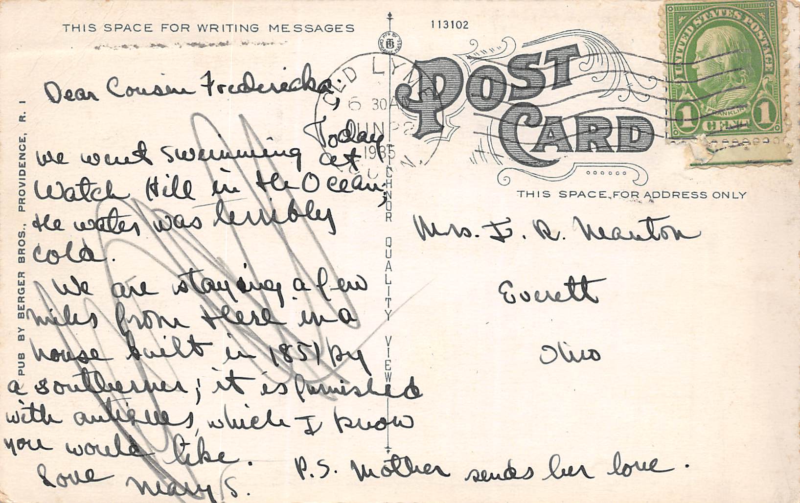 Watch Hill Rhode Island Native American Fountain, White Border, Postcard U19170 - Image 2