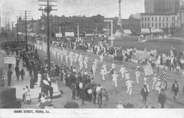 Peoria Illinois Adams Street Parade Scene Vintage Postcard AA84915