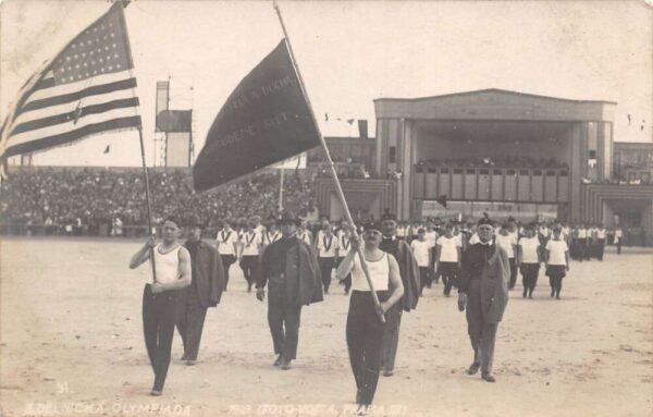 Prague Czechoslovakia 1927 Worker Olympiad USA Flag Bearer Real Photo PC AA84924