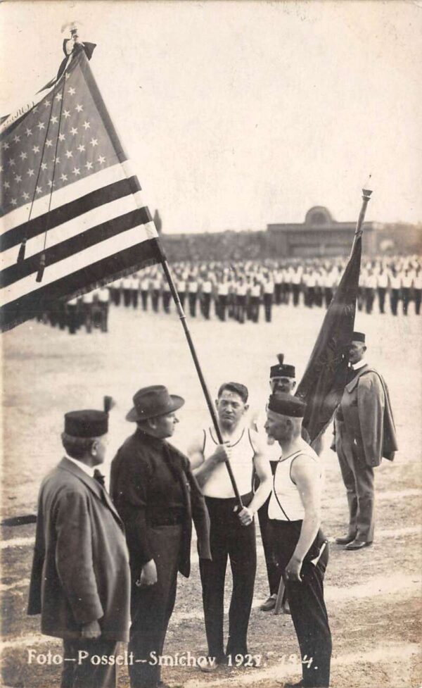 Prague Czechoslovakia 1927 Workers Olympiad USA Flag Real Photo Postcard AA84925