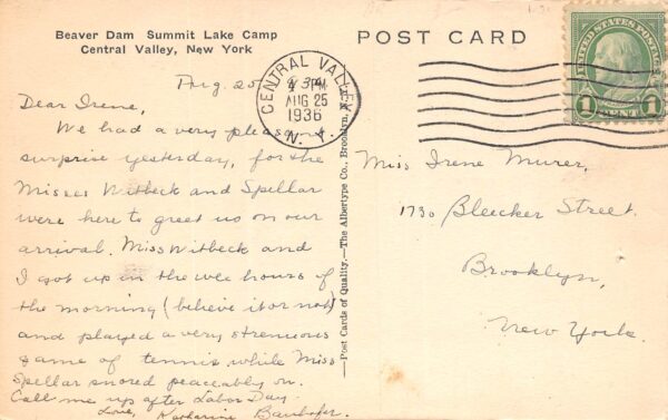 Central Valley New York Beaver Dam, Summit Lake Camp, Vintage Postcard U19215 - Image 2