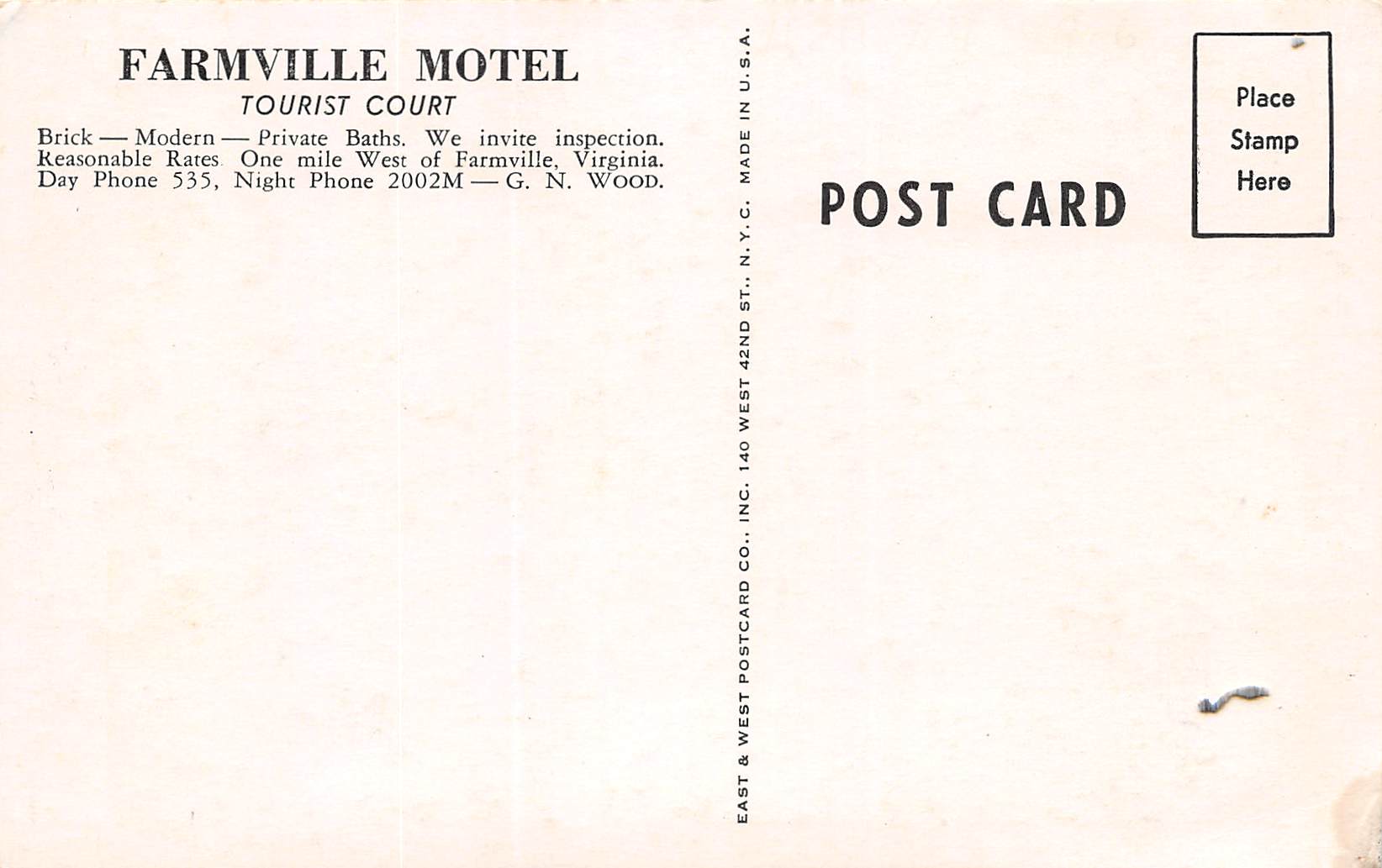 Farmville Virginia Farmville Motel, White Border, Vintage Postcard U19220 - Image 2