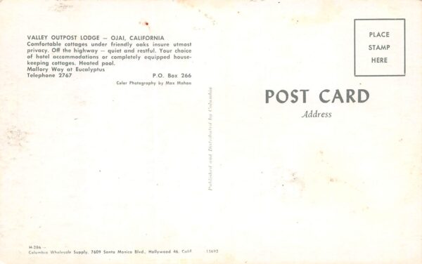 Ojai California Valley Outpost Lodge, Chrome, Vintage Postcard U19223 - Image 2