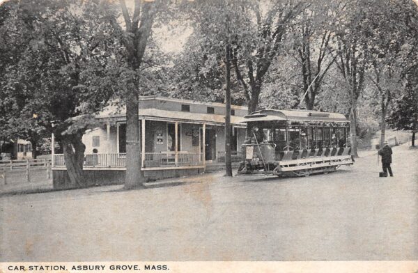 Asbury Grove Massachusetts Trolley Car Station, B/W Lithograph Vintage PC U19241