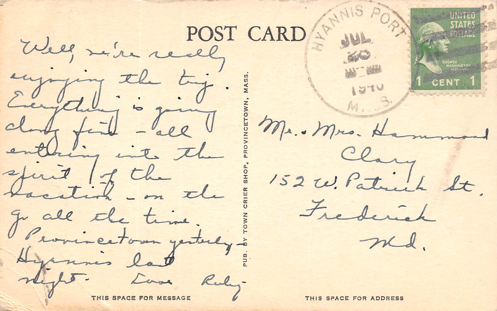 Provincetown Massachusetts Town Crier, Town Crier Gift Shop, Vintage PC U19265 - Image 2