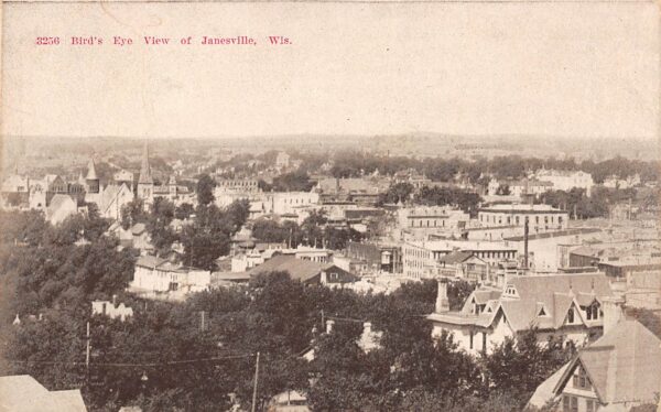 Janesville Wisconsin Bird's Eye View Of Town, B/W Lithograph Vintage PC U19278