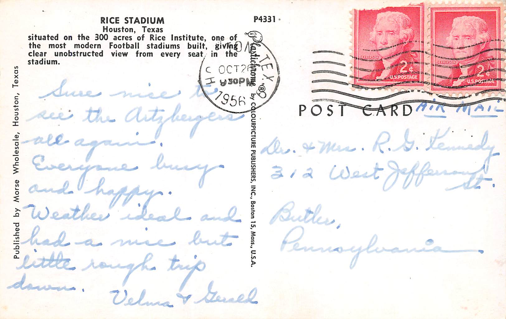 Houston Texas Rice Stadium, Photochrome, Vintage Postcard U19280 - Image 2