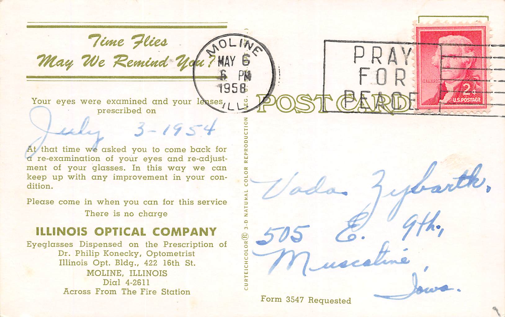 Moline Illinois Illinois Optical Co., Chrome Vintage Postcard U19287 - Image 2