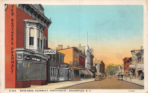 Saugerties New York Myer Bros. Pharmacy, White Border, Vintage Postcard U19310