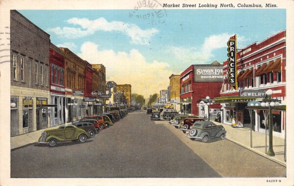 Columbus Mississippi Market St. Looking N., Princess Theatre, Vintage PC U19336
