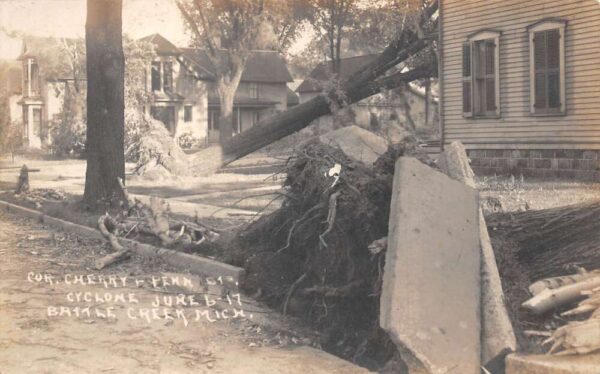 Battle Creek Michigan Cyclone Disaster Trees Blown Over Real Photo PC AA104044