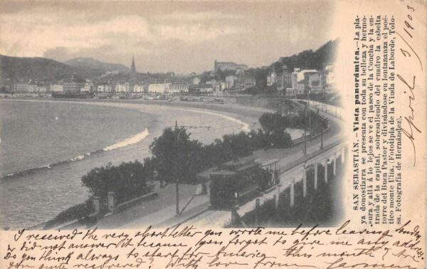 San Sebastian Spain Beach Waterfront Scene Trolley Vintage Postcard AA104189