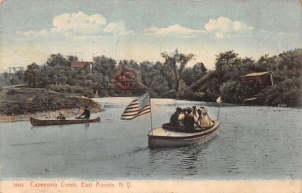 East Aurora New York Cazenovia Creek Motorboat with USA Flag Postcard AA104211