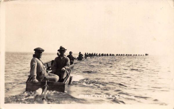 Prudenville Michigan Row Boats in Bay Tied together Real Photo Postcard AA104242