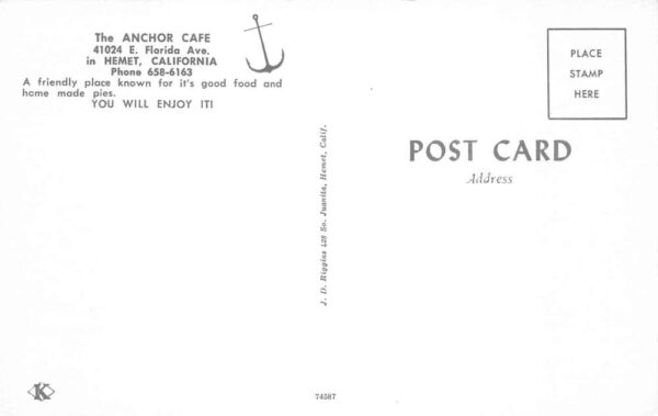 Hemet California The Anchor Cafe Dining Room Vintage Postcard AA104316 - Image 2