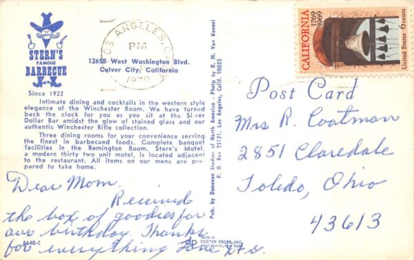 Culver City California Stern's Barbecue Restaurant Vintage Postcard AA104329 - Image 2