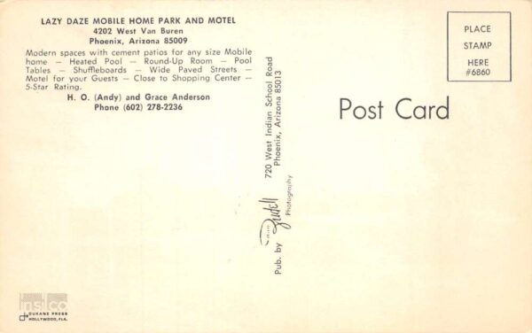 Phoenix Arizona Lazy Daze Mobile Home Park and Motel Vintage Postcard AA104336 - Image 2
